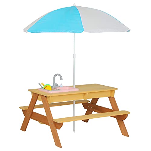 Kids Outdoor Table,3-in-1 Sand & Water Activity Table,Western Red Cedar Wood Convertible Picnic Table w/ Umbrella, 2 Play Boxes, Removable Top