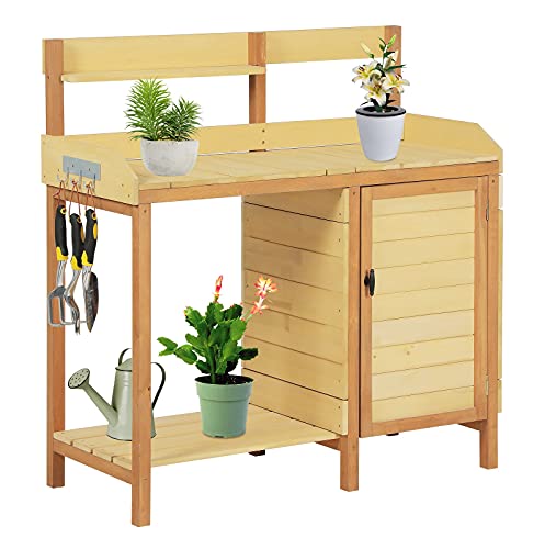 Mederla Outdoor Garden Wooden Potting Bench Work Station w/Metal Table Top, Cabinet, Sliding Drawer, and Large Bottom Shelf, Natural