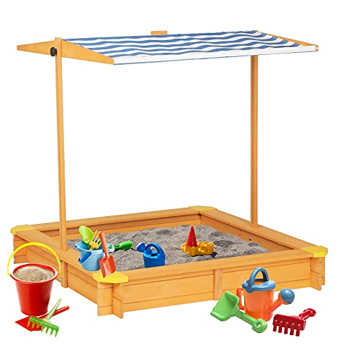 Wooden Outdoor Sandbox with Height Adjustable & Rotatable Canopy, 47.2