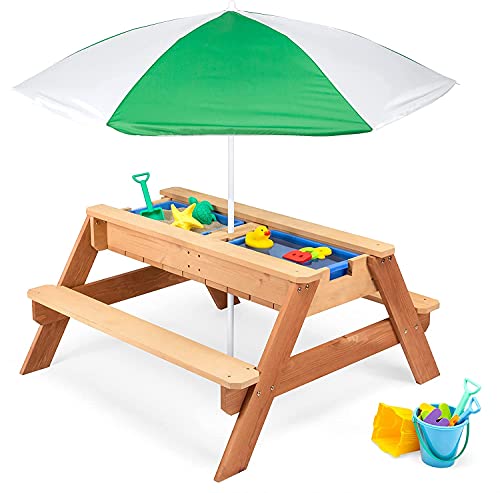 Kids Outdoor Table,3-in-1 Sand & Water Activity Table,Western Red Cedar Wood Convertible Picnic Table w/ Umbrella, 2 Play Boxes, Removable Top